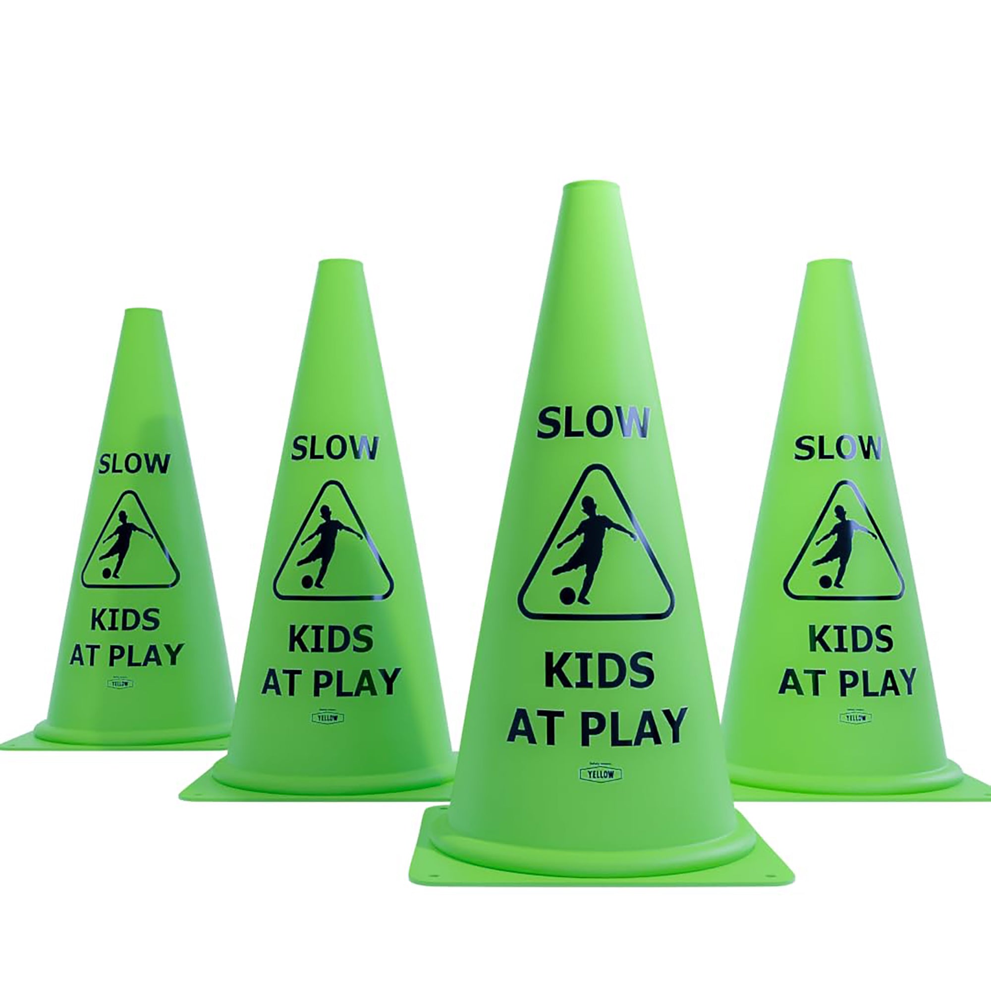 Vibrant Green 'Kids at Play' Safety Cone - 4ct, Durable & Fun Child Safety Solution for Driveways, Streets, Schools, and Parks