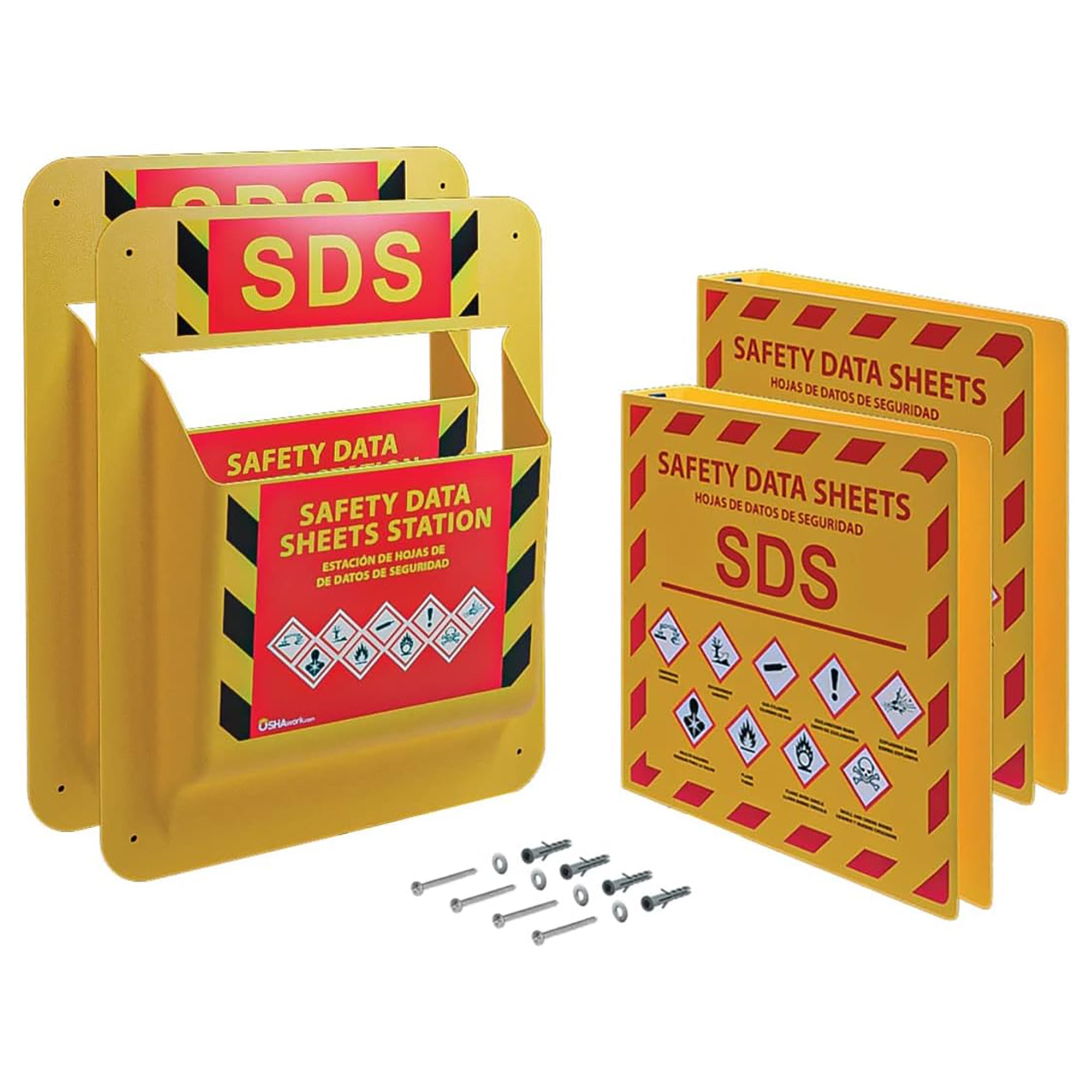 Yellow Safety Inc., MSDS SDS Binder and Wall Station 2 Pack - Updated 2023 Requirements Heavy Duty 3 Inch, 3 Ring Safety Data Sheet SDS Binder and Wall Mounted MSDS Binder Holder, Includes Mounting Hardware