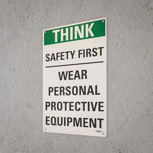 Yellow Safety® Stay Safe with our OSHA Compliant Think Safety First Sign - 15"x10", 1mm Aluminum, Essential Workplace Personal Protective Equipment Warning