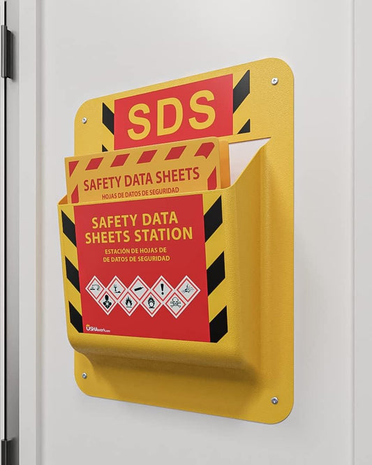 Yellow Safety Inc., MSDS SDS Binder and Wall Station - 2024 Requirements Heavy Duty 3 Inch, 3 Ring Safety Data Sheet SDS Binder and Wall Mounted MSDS Binder Holder, Includes Mounting Hardware