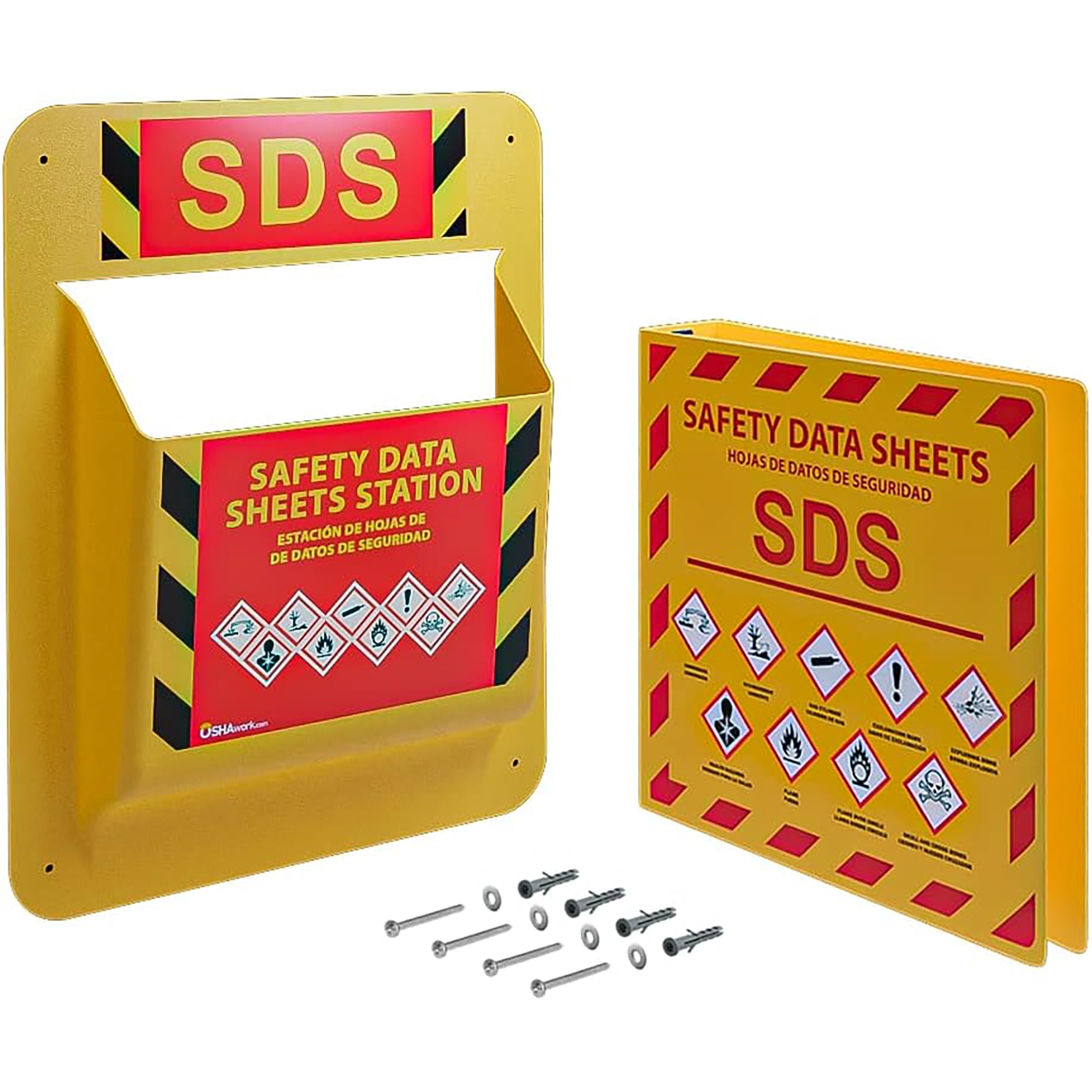 Yellow Safety Inc., MSDS SDS Binder and Wall Station - 2024 Requirements Heavy Duty 3 Inch, 3 Ring Safety Data Sheet SDS Binder and Wall Mounted MSDS Binder Holder, Includes Mounting Hardware